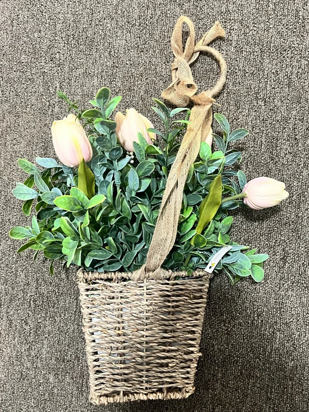 Decorative Woven Hanging Basket with Pink Tulip Floral Arrangement